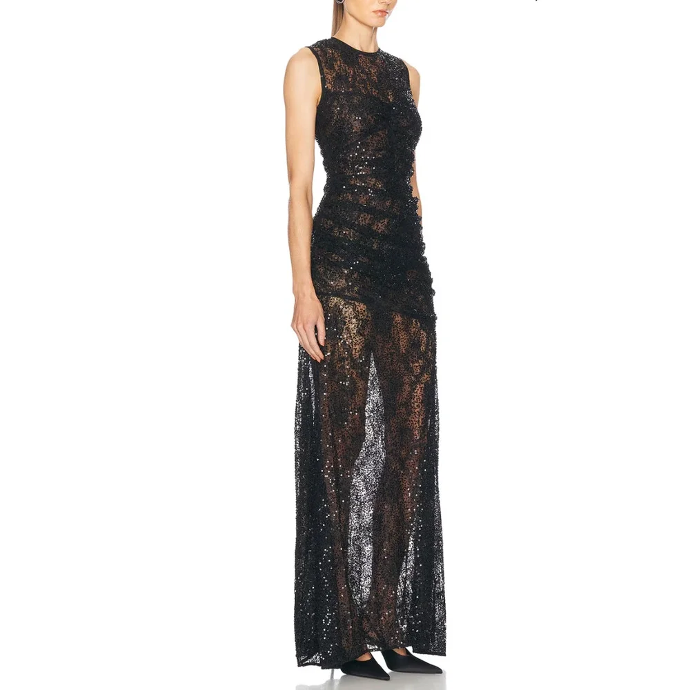 Aknvas Black Sequin Gown Size 6 Formal Luxury Sheer Ruched Flattering $1000 - Picture 2 of 13